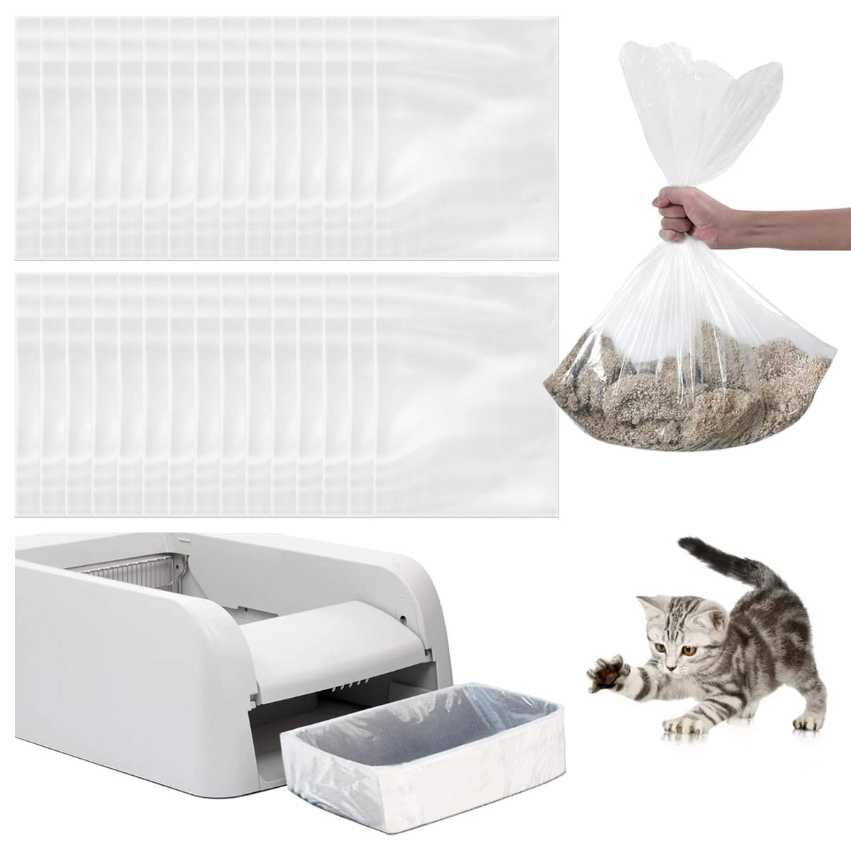 30 Pack Cat Litter BagsNo-Touch Kitty Litter Liners & Pet Waste Bags Compatible with Petsafe Self-Cleaning Cat Litter BoxReplacement Trash Pet Litter Bags