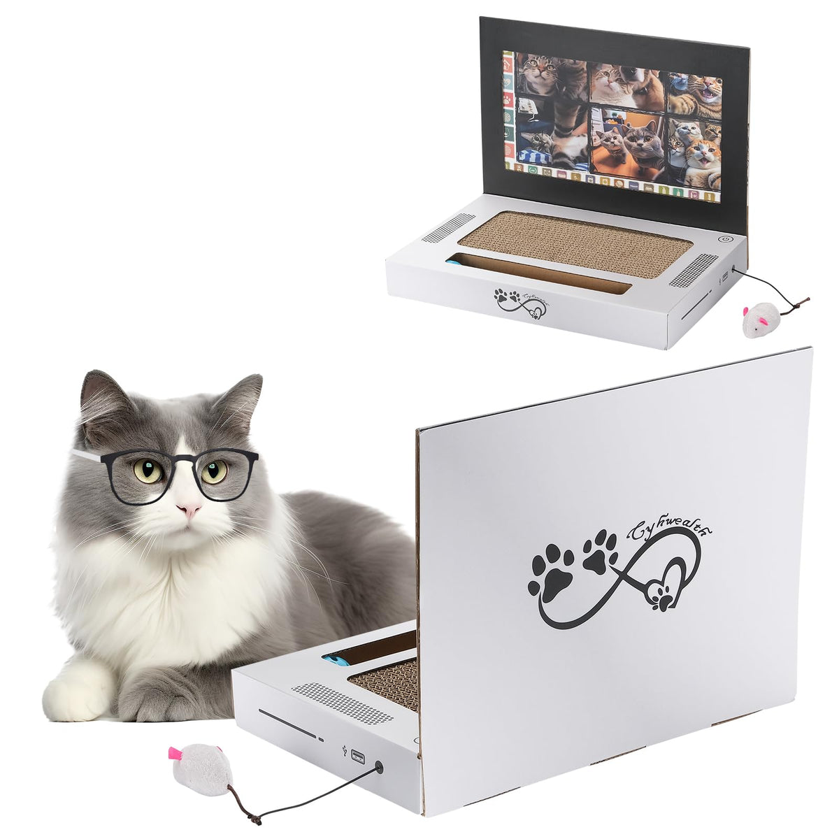 Griffoir pour chat en carton, jouet 3 en 1 pour ordinateur portable avec souris en peluche interactive et balle pour tapis de souris. Planche à griffer pliable en carton ondulé.