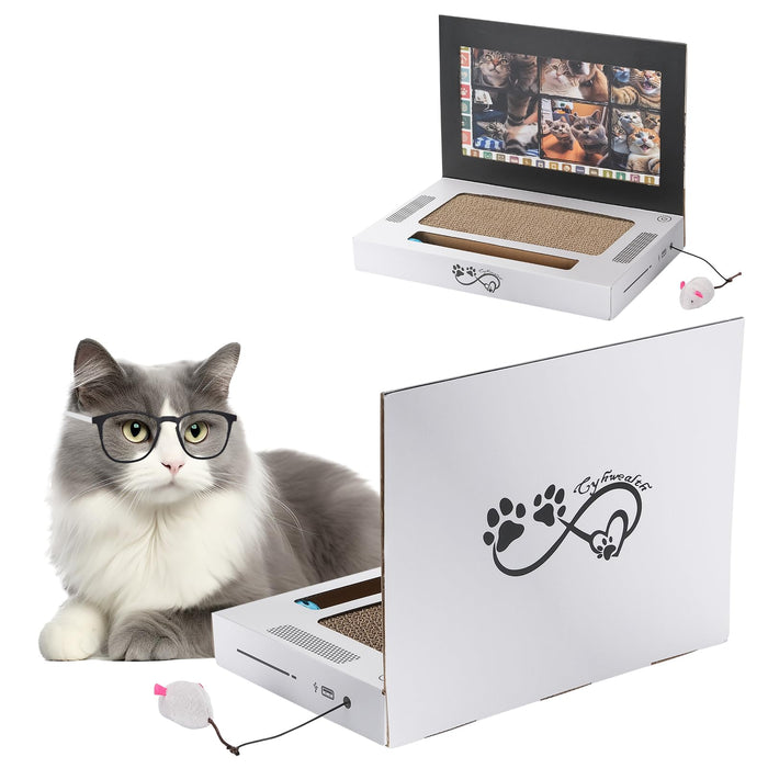 Griffoir pour chat en carton, jouet 3 en 1 pour ordinateur portable avec souris en peluche interactive et balle pour tapis de souris. Planche à griffer pliable en carton ondulé.
